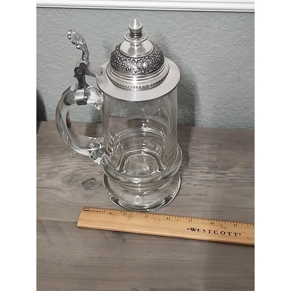 Vtg  Etched Crystal German Beer Mug Tankard Stein Glass Pheasant Pewter Lid 6.5